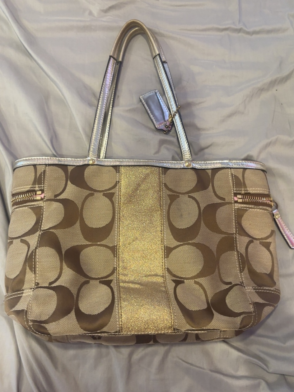 Coach Tan Signature Tote with Gold Metallic Center